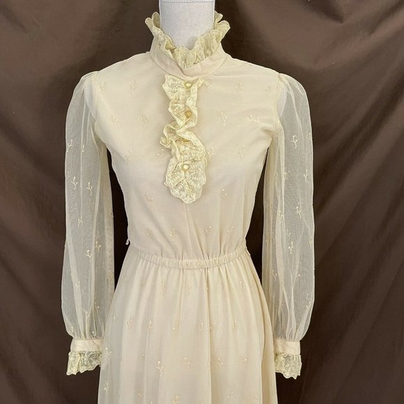 🔴 Vintage CACTUS NY Beige Lace 1960s/1970s Dress - Picture 3 of 12